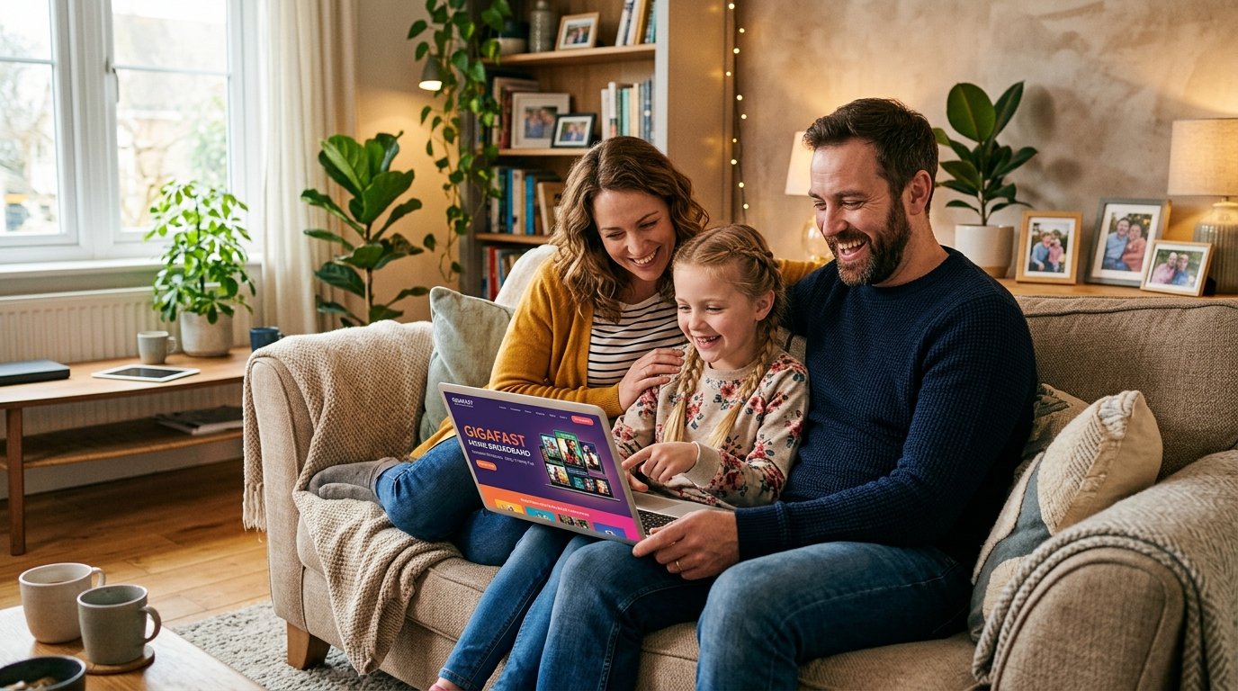 Familia feliz disfrutando de internet fibra óptica CARMA